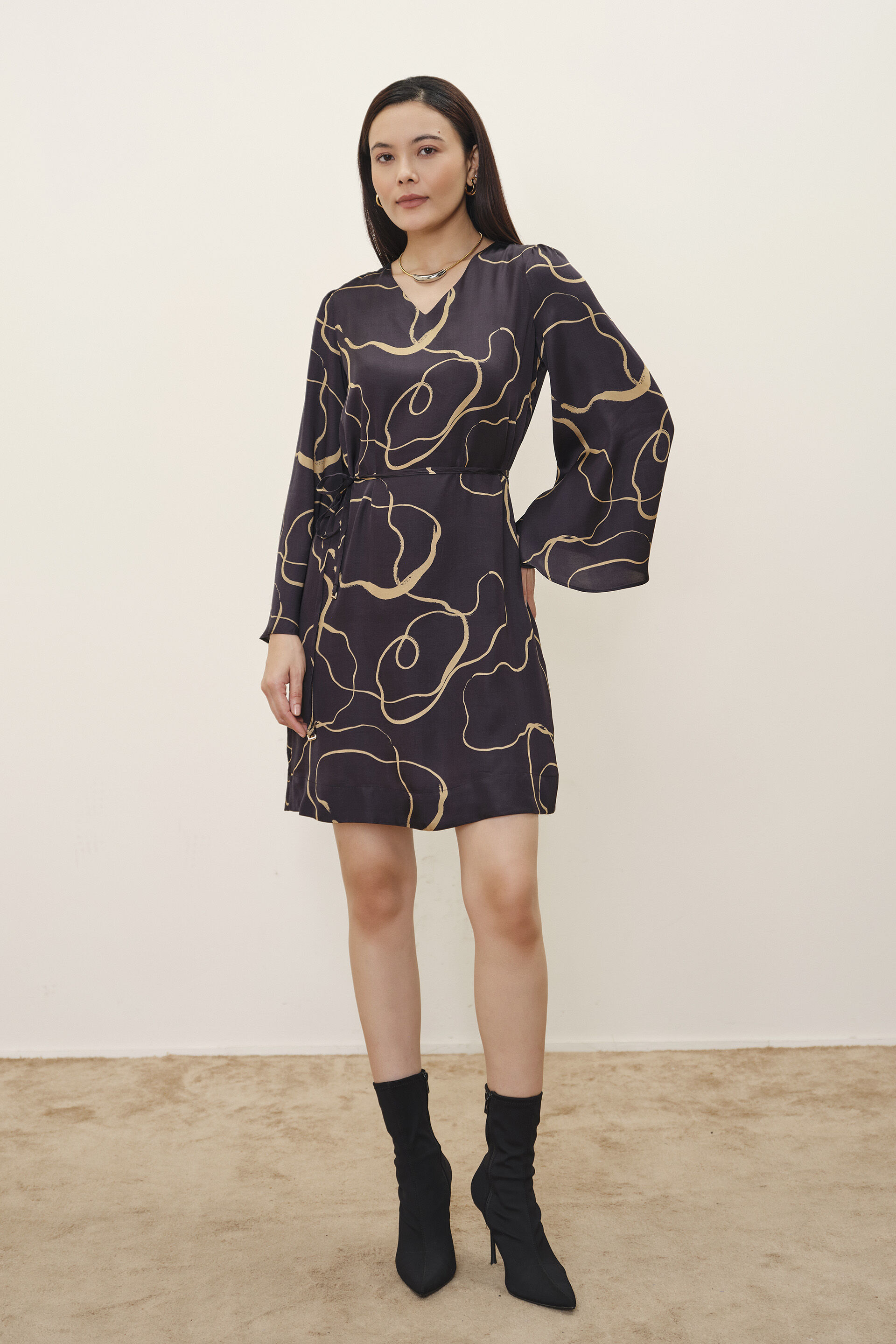 Black & Gold Modal Satin Dress, Black, image 4